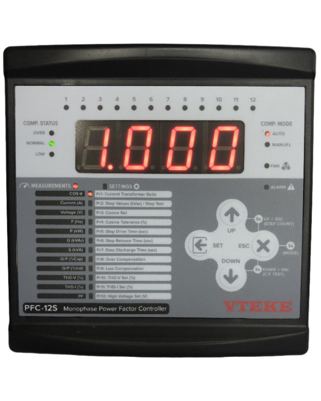 POWER FACTOR CONTROLLER, 12 STEPS (LED) Monitering: Voltage, Current, Frequency, Active Power, Reactive Power, Apparent Power, THD-I, THD-V, Cos pi, PF, capacitive/active & Inductive/active ratios, Step Values | VTEKE PFC-12S