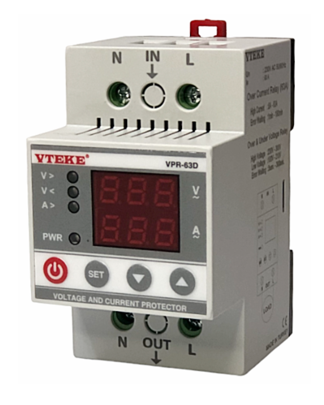 SINGLE PHASE DIRECT CONNECTION PROTECTION RELAY 63A Over/Under Voltage Over Current (under optional) Trip Delay Time 3 - 300sec Waiting Time 1 - 180min | VTEKE VPR-63D