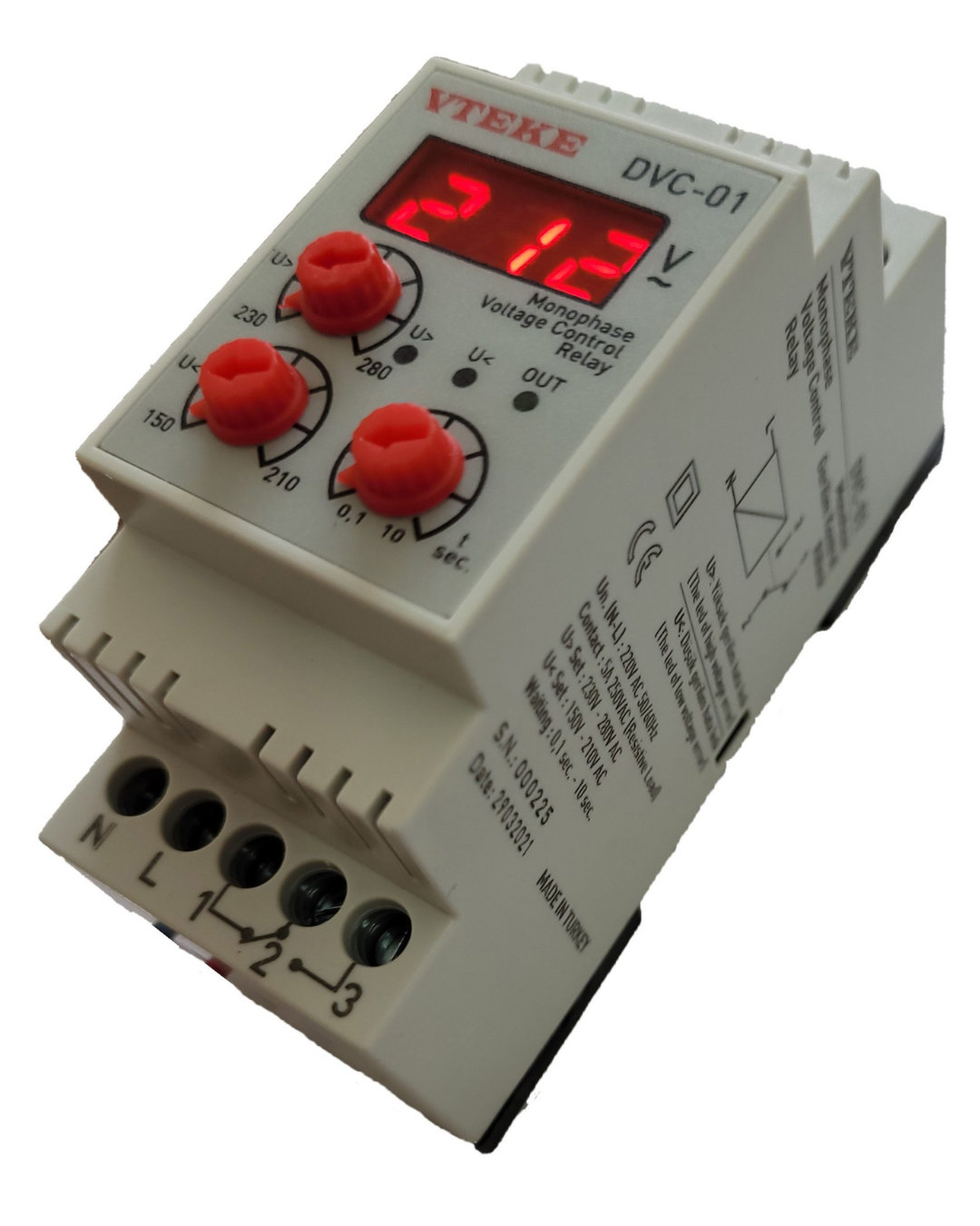 1-Phase Digital Voltage Relay (with display) Over Voltage 230V - 300VAC Under Voltage 150V - 210VAC | VTEKE DVC-01