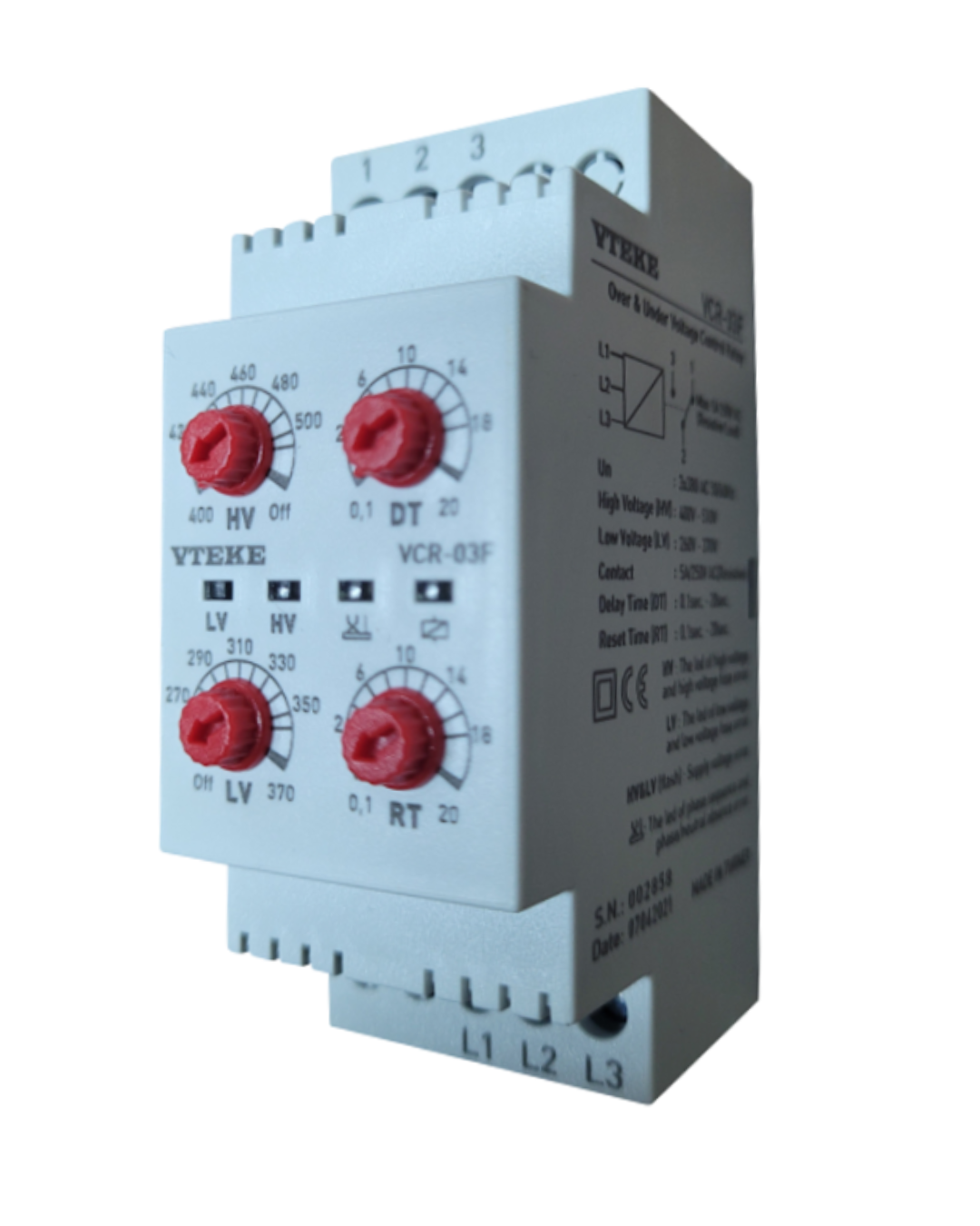 3-PHASE VOLTAGE PROTECTION RELAY – 4 functions (Without Neutral)PHASE SEQUENCE, ASYMMETRY FIXED, OVER/UNDER VOLT. ADJUSTABLE, 3PH (UN=350-420V) WITHOUT NEUTRAL | VTEKE VCR-03F